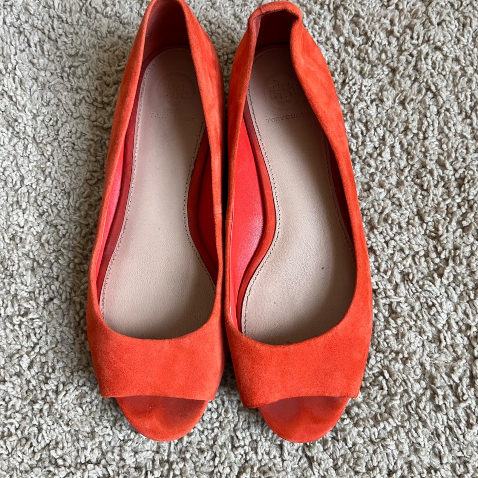 Tory Burch Salinas Royal Suede Peep Toe Ballet Flats in Samba Orange Size 8
