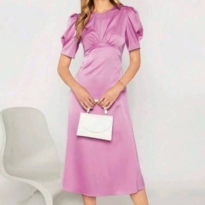 Women's Puff Short Sleeve Dress Pink Satin Size M Midi Knee Length Fit &  Flare | eBay