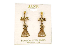 Pierced Earrings Jane Name Plate with Victorian Lady in Dress Charm Made in USA
