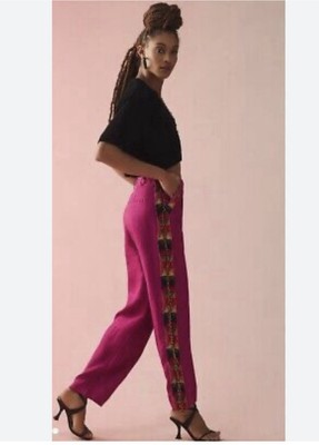 NWOT Anthropologie Farm Rio Women Pink Carrot Linen Boho Beaded Pants Sz S