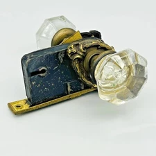 Antique Mortise Deadbolt Lock Set UV Glow Glass Knobs 8 Point Victorian Salvage