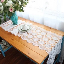  Vintage Style Fine Yarn Hand Crochet Floral Cotton White Table Runner XXL