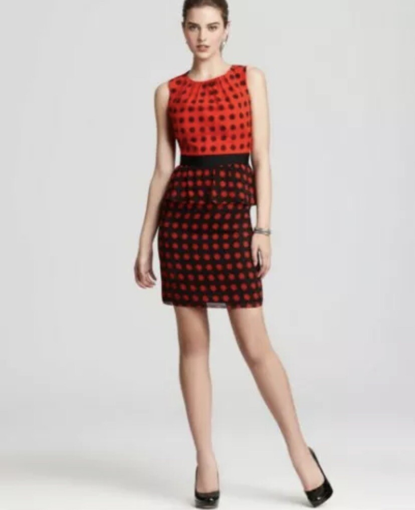 TRINA TURK SILK BLACK RED POLKA DOT PEPLUM SHEATH PARTY WORK DRESS