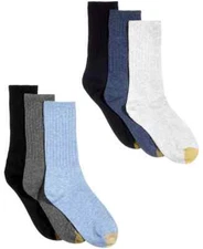 6 Pairs Gold Toe Casuals Women's Ribbed Crew Socks Blues & Grays Size 6-9