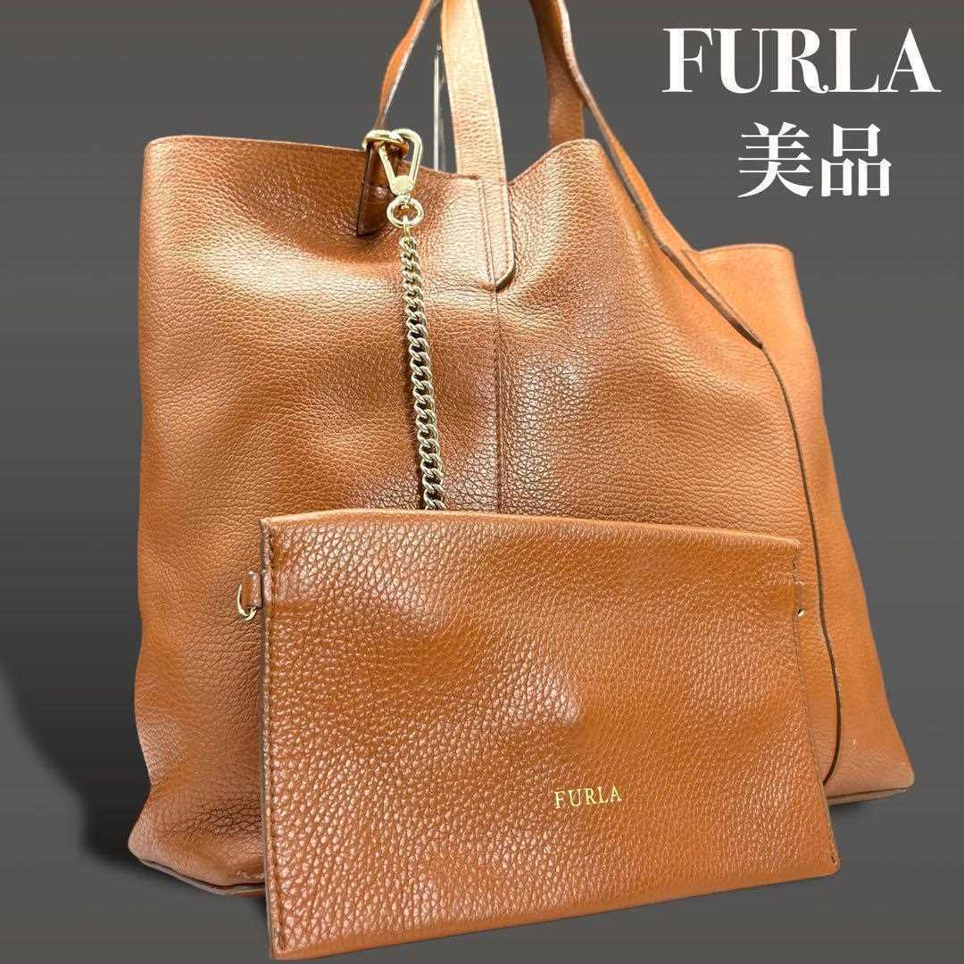 FURLA Tote Shoulder Bag A4 with Pouch Logo Leather Brown women