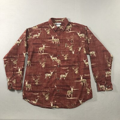 Columbia River Lodge Shirt Rust Medium LS Button Up Deer Buck Antlers Outdoors