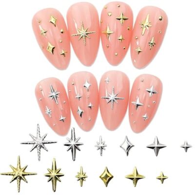Mrltau 400 Stück Stern-Nail-Charms – Gold & Silber, Nageldekoration Für Kreative Nail-Art