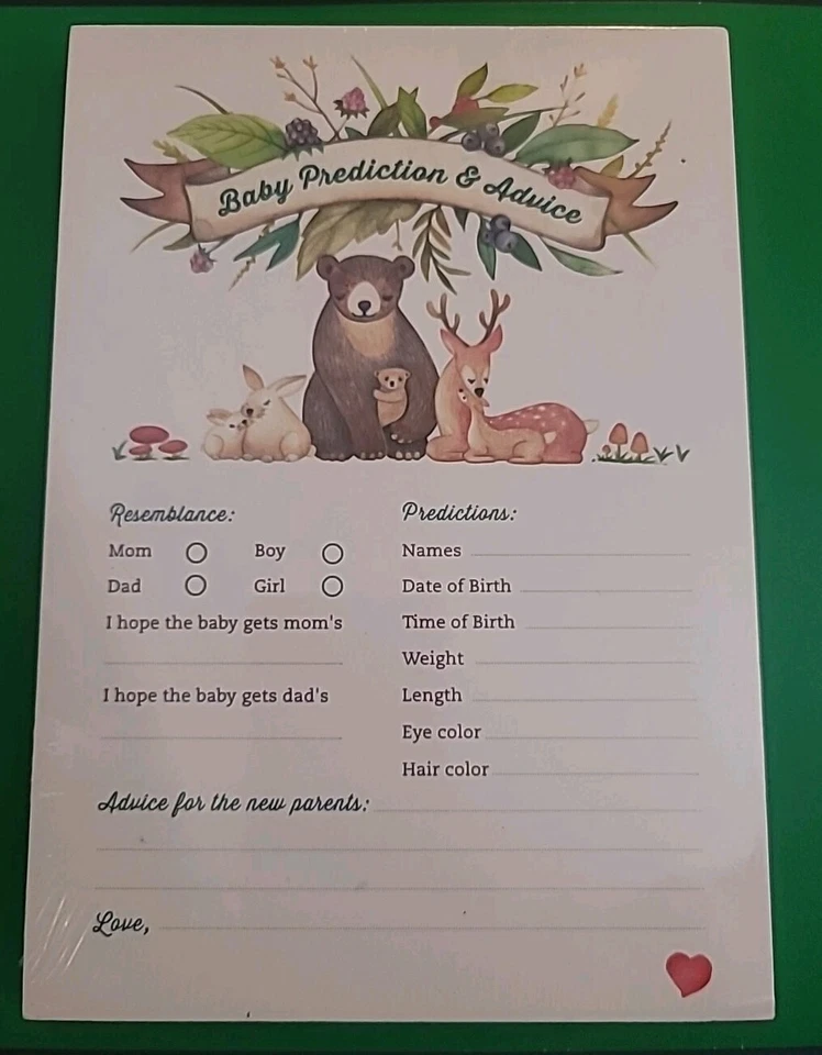 Tarjetas de juego impresas para baby shower (50) animales del bosque predicción y consejos para bebés  Foto 2 de 4
