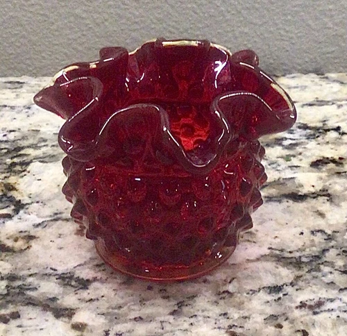Fenton Art Glass Amberina Red Hobnail Ruffled Crimped 3" Rose Bowl Vase