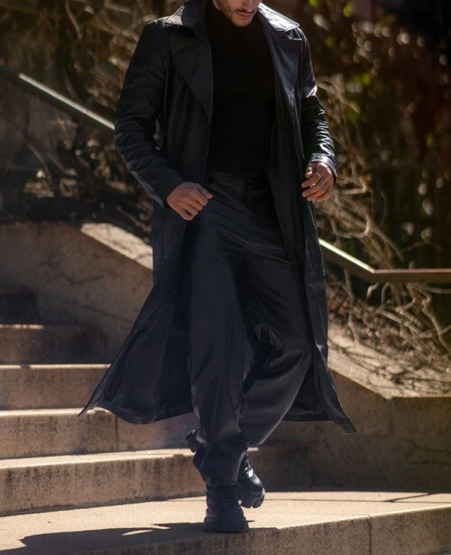 New Leather Soft Black Trendy Winter Overcoat Mens Trench Coat Jacket Lambskin