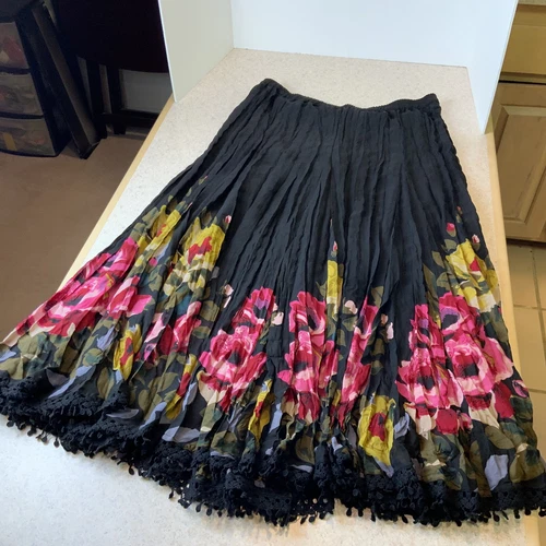 VTG Travelsmith Women’s L 1980’s Boho Vibrant Floral Print Crochet Trim Skirt