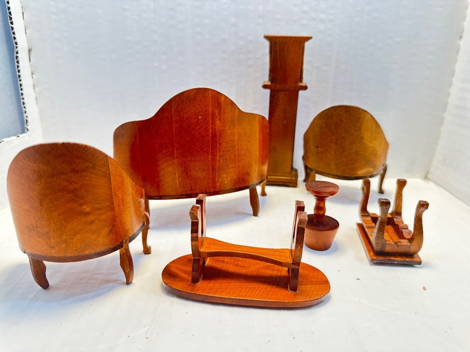 Vtg Dollhouse Living Room Furniture 7 Pc Set Velvet Settee Grandfather