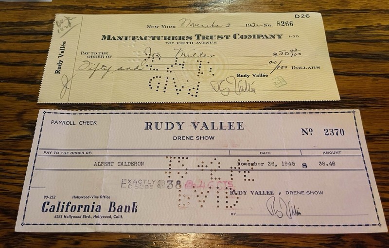 LOT OF 2 RUDY VALLEE SIGNED 1930-40’s CHECKS GUARANTEED AUTHENTIC