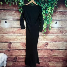 Black Maxi Dress Gown Medium TALL Ruched Sleeves Pleated Flared Skirt Long