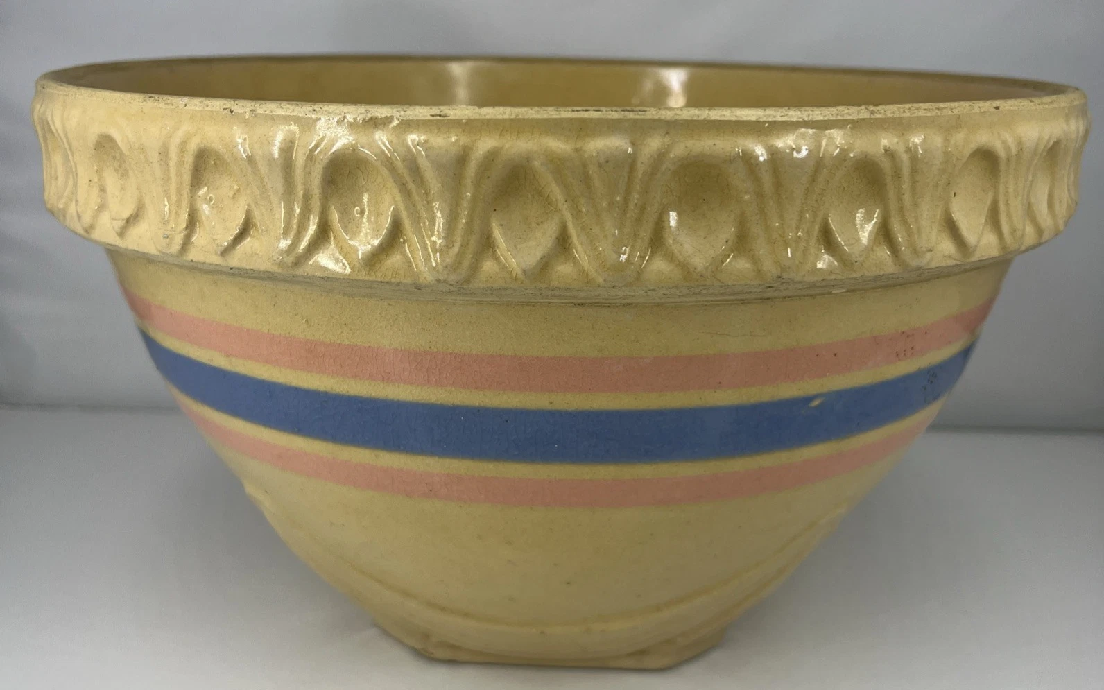 Antique Pottery Lg Mixing Bowl Pink & Blue Stripes USA 13" Dia Pie Crust Border