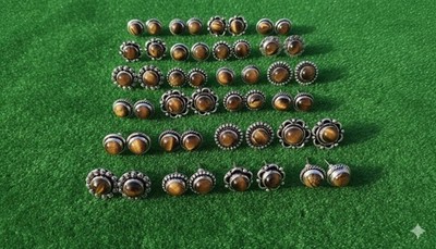 handmade sterling silver plated 50 Pair Tiger eye stud Earrings wholesale Lot.