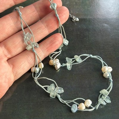 Aquamarin Edelstein Perle Sterlingsilber Verschluss Lagenlook Kordel Strang Halskette
