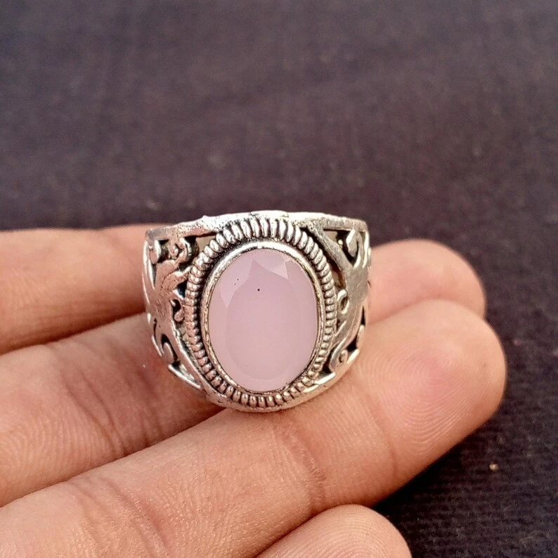 Anillo de cuarzo rosa para hombre de plata de ley 925 hecho a mano anillo de diseñador B142 Foto 2 de 4