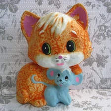 New Trends Vtg 1970s Groovy Big Eye Cat Coin Bank Orange Kitten And Mouse Japan
