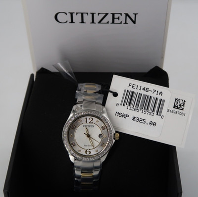 Citizen Women's Eco-Drive Crystal Two-Tone Silver Calendar Watch FE1146-71A New