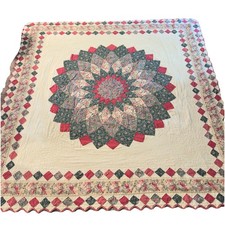 Vintage Handmade Floral Medallion Quilt 81x82 Lone Star Scalloped Edge