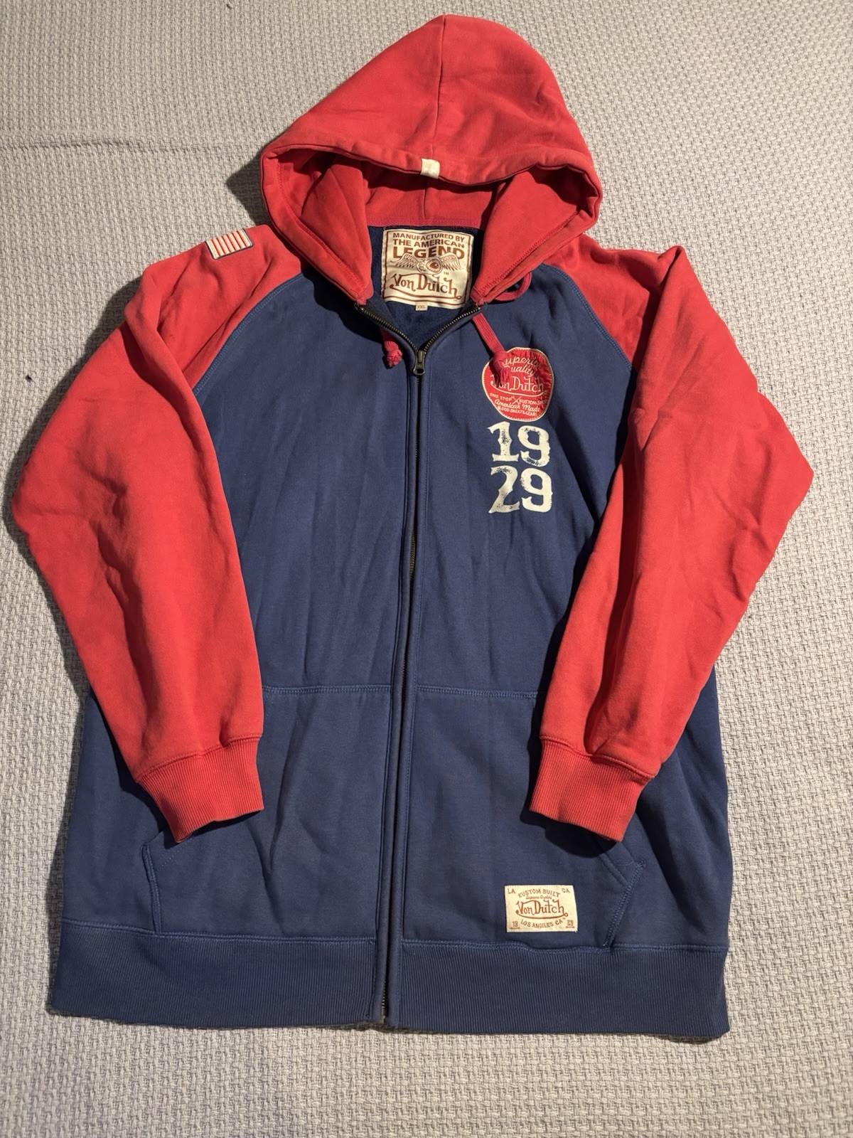 Vtg Y2K Von Dutch Zip Hoodie Mens 2XL Blue Red Colorblock 1929 USA Patch