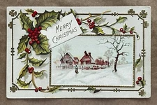 Antique Postcard Merry Christmas Holly Berries Snow Scene J. Winsch Posted 1912