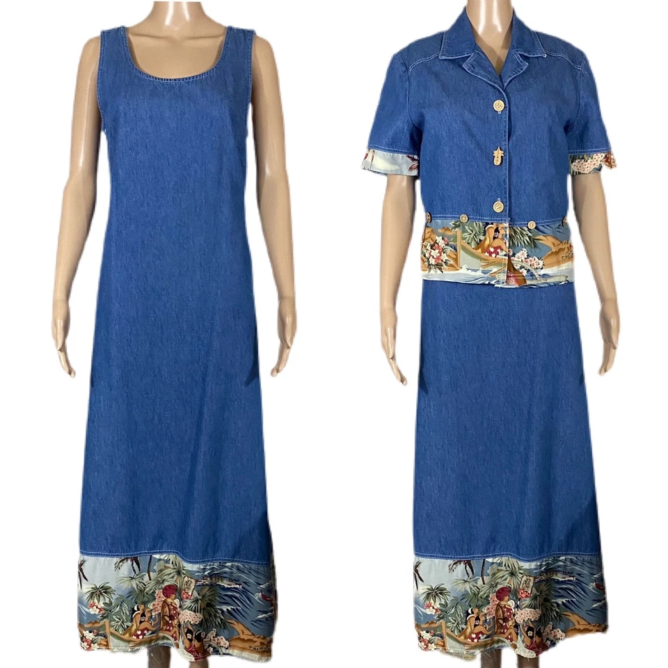 Vintage Tomato Girl  Denim Maxi Dress & Jacket Set Hawaiian Scene Sz M - Image 2 of 4