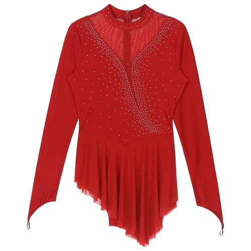 Women Shiny Rhinestone Ice Figure Skating Dress Long Sleeves Ballet Dance Dress - Picture 40 of 94
