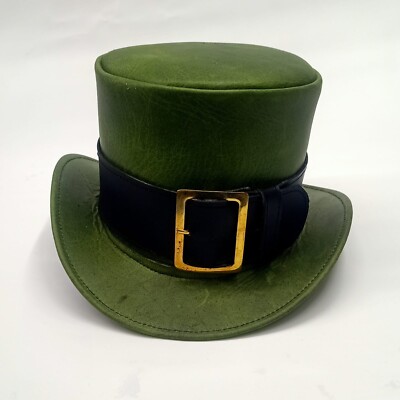 Handmade Green Leather Top Hat with Gold Buckle and Black Band - Steampunk Gothi