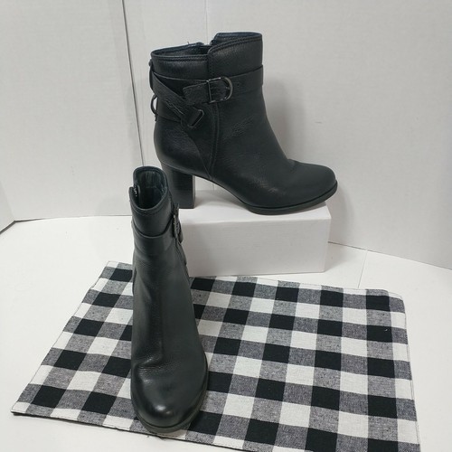 Clarks Jolissa Topaz Black Leather Buckle Chunk Heel Boots 66421 Women