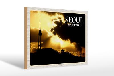 Holzschild Reise 30x20 cm Seoul Südkorea N Seoul Tower Fernsehturm wooden sign