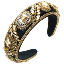 HANDMADE BLACK VELVET PADDED HEADBAND  GOLD/CLEAR RHINESTONES HAIR ACCESSORY