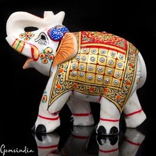 1.3Kilo Marble Elephant Trunk Up Statue Hand Painted Art Home Decor Sculpture 5"