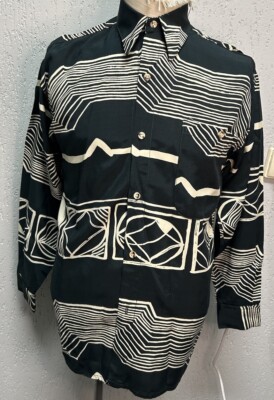 Men's 1950s 1960s Black Patterned Rayon Shirt Vintage Summer