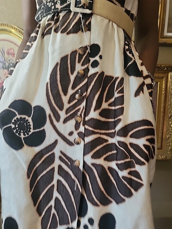 Vestido Tibi Talla 8 Marrón Beige Botones Delantero Cinturón Seda 65% Lino 35% Foto 3 de 4