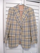 70s vintage tan blue tartan plaid slim weatherman wide lapel blazer jacket 40R