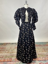Victorian 1890s Bodice  Skirt Set Black Floral Print Leg of Mutton Sleeve AS IS