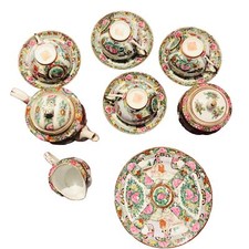 CHINESE FAMILLE ROSE MEDALLION PORCELAIN TEA SET 14PC ASAIN CANTON DISHES