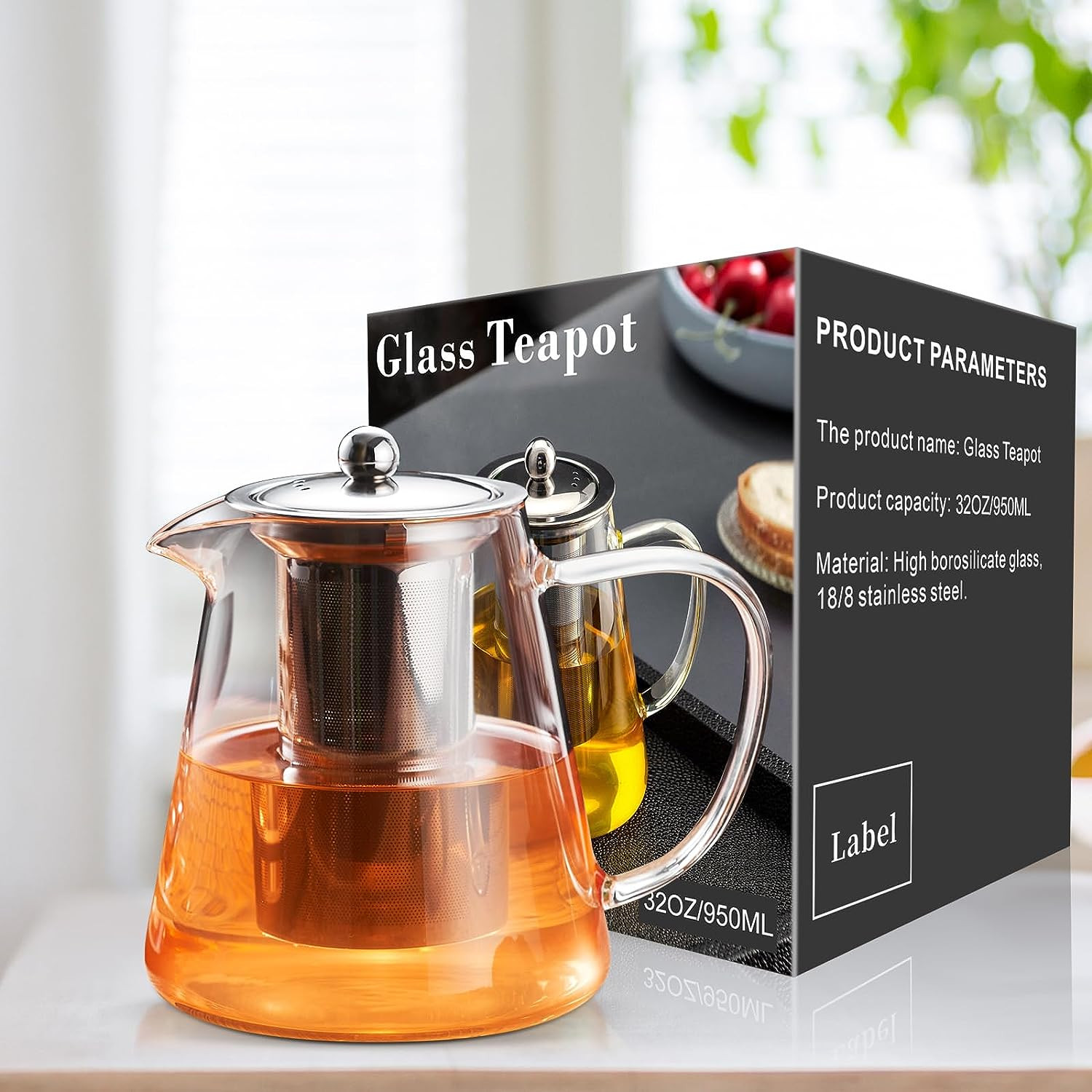 Glass Teapot Stovetop 32 OZ, Borosilicate Clear Tea Kettle with Removable 18/8 S