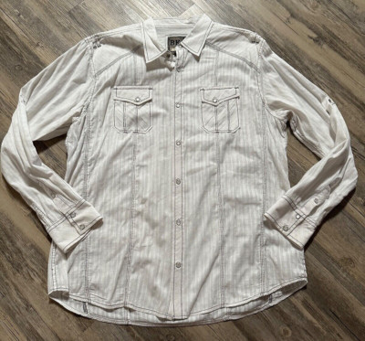 BKE Long Sleeve Pearl Snap Shirt White Stripe Slim Fit 100% Cotton Men's XXL