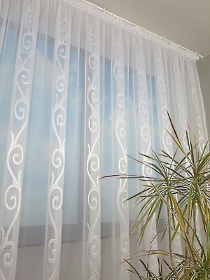 NEU Moderne Gardine Store Voile Muster weiß Kräuselband Bleiband NACH