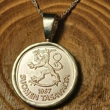 1967 FINLAND SILVER 1 MARKKA  COIN NECKLACE 