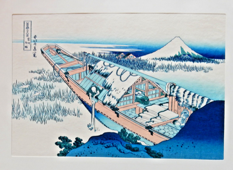Large Japanese Wood Block Print, 36 Views Mount Fuji, Boat, Figures, Hokusai