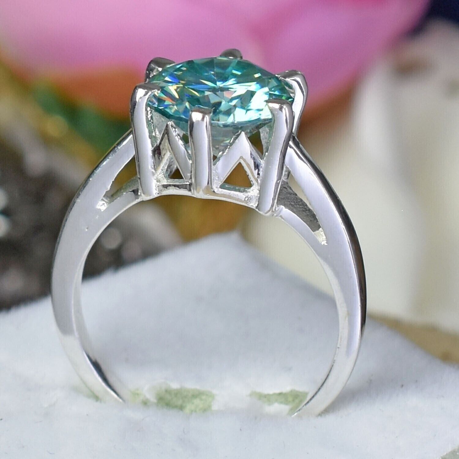 6 ct Lab Created Blue Diamond Ring In Prong Setting 925 Sterling Silver