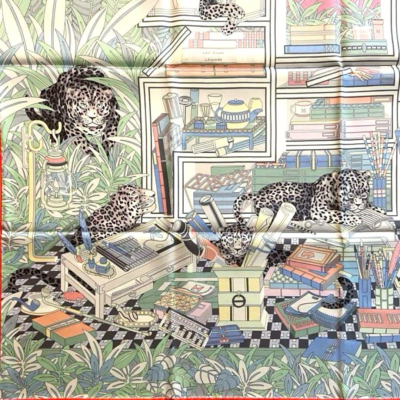 HERMES Carre 90 Silk Scarf Stole Double Face Les Douze Leopards
