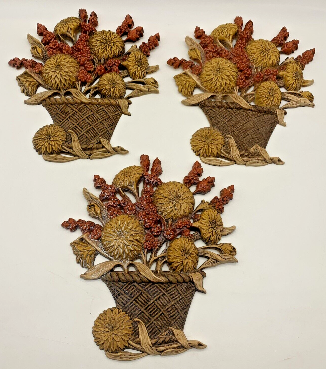 Set of 3 Vintage Burwood Wall Hanging Farmhouse Country Basket Flowers Autumn 77