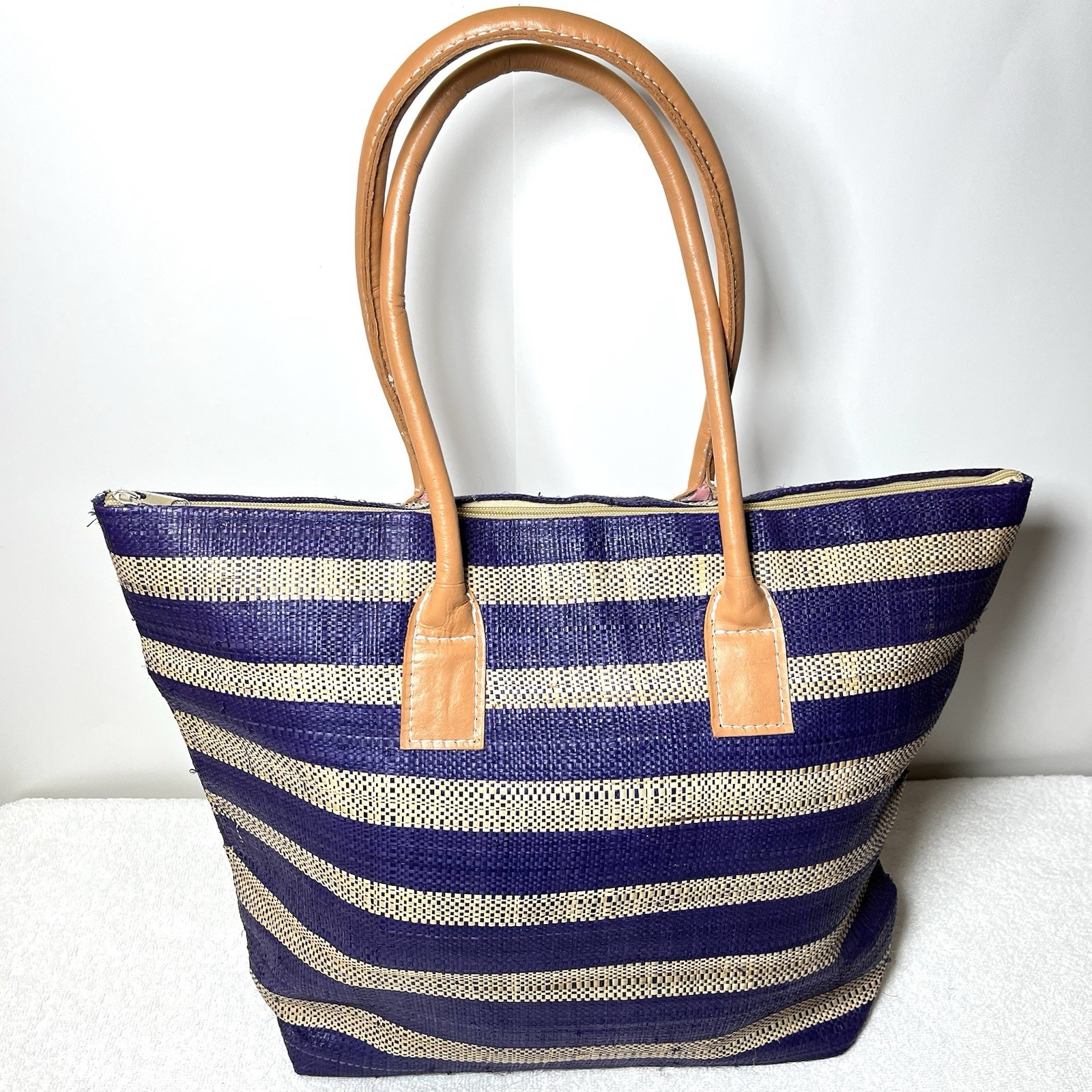 Shebobo Raffia Leather Handle Bag Handmade frm Madagascar Boho Beach Tote Purple