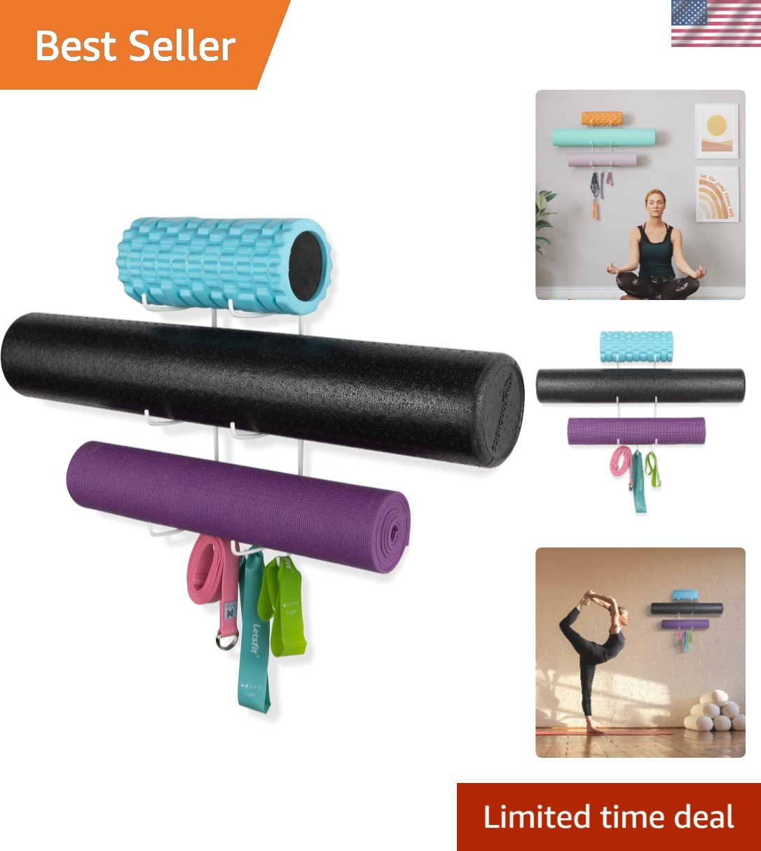 Guru 3-Hook Yoga Mat Wall Mount - Chic Storage Solution for 