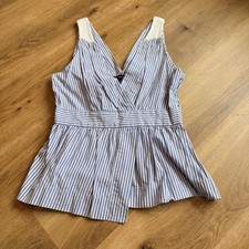 Banana Republic Blue White Striped Peplum Sleeveless V-Neck Top Size 8 Smocked